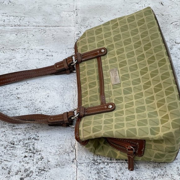 Nine & Company Women Bag Green Convas Brown Leather Hand Bag - Picture 5 of 12